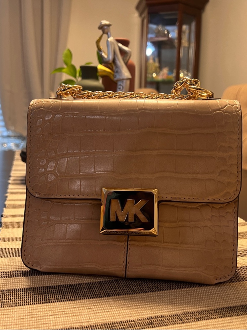 Michael Kors Taupe Croc-Embossed Chain Crossbody Bag